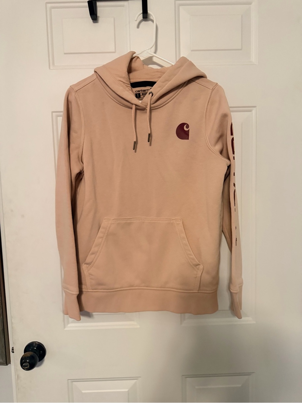 Carhartt Women's Cowlneck Hoodie in Beige with Maroon Logo